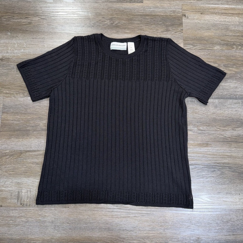 Alfred Dunner Short-Sleeve Black Knit Top Womens Petite Small Crew Neckline